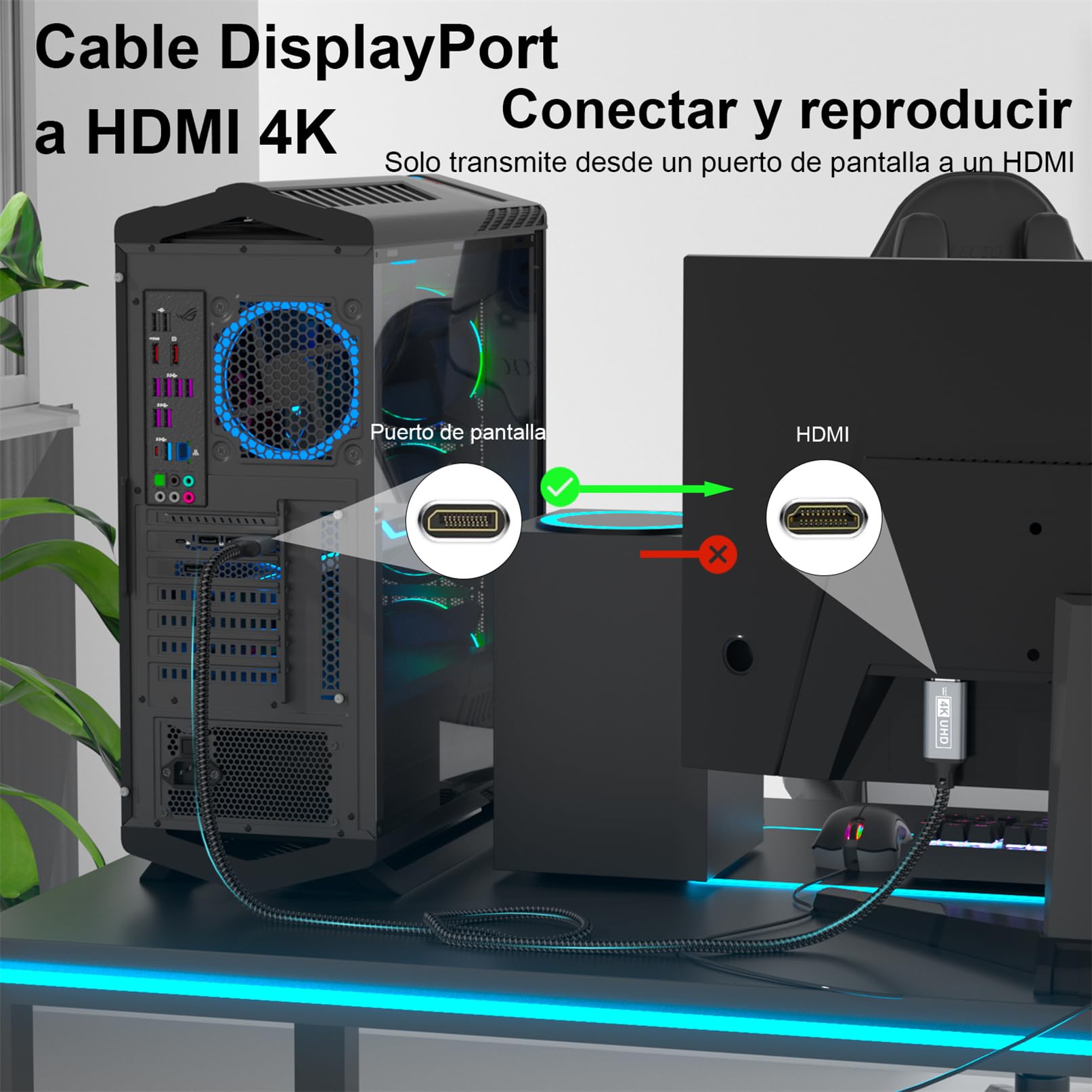 DisplayPort a HDMI,Cable Displayport a HDMI 4K 1M,DP unidireccional a HD MI,Displayport a HD MI trenzado nailon Compatible con computadoras escritorio,portátiles,PC,Dell,HP,HDTV,Proyector AMD NVIDIA