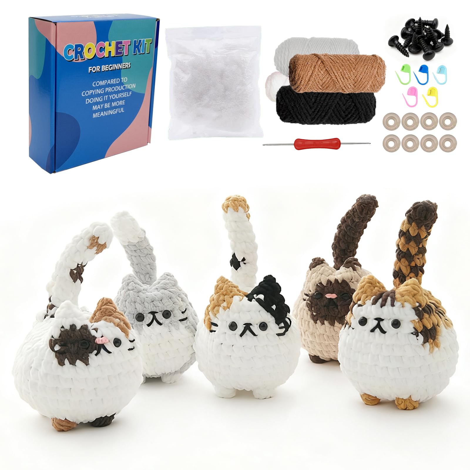 Meunhy Crochet Kits for Beginners Adults,Beginners Crochet Kit Include Video Tutorial,Soft Yarn and Tools,for Knitting Enthusiasts-6*Cats