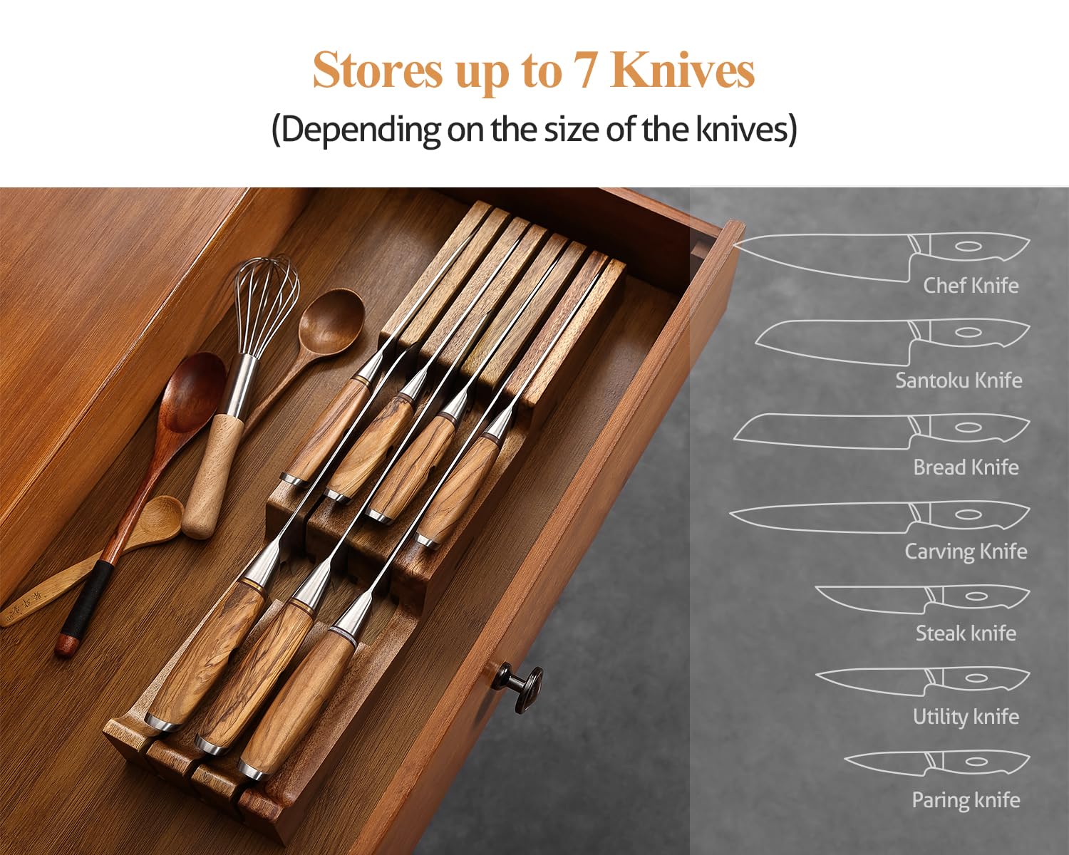 XINZUO Madera de Acacia de Bloque Portacuchillos para Cajones 43,6x11,5x5,3cm Reposacuchillos -Organizador de Cuchillos para Cajón para 3 Cuchillos Largos+4 Cortos (Sin Cuchillos)-Con Caja de Regalo