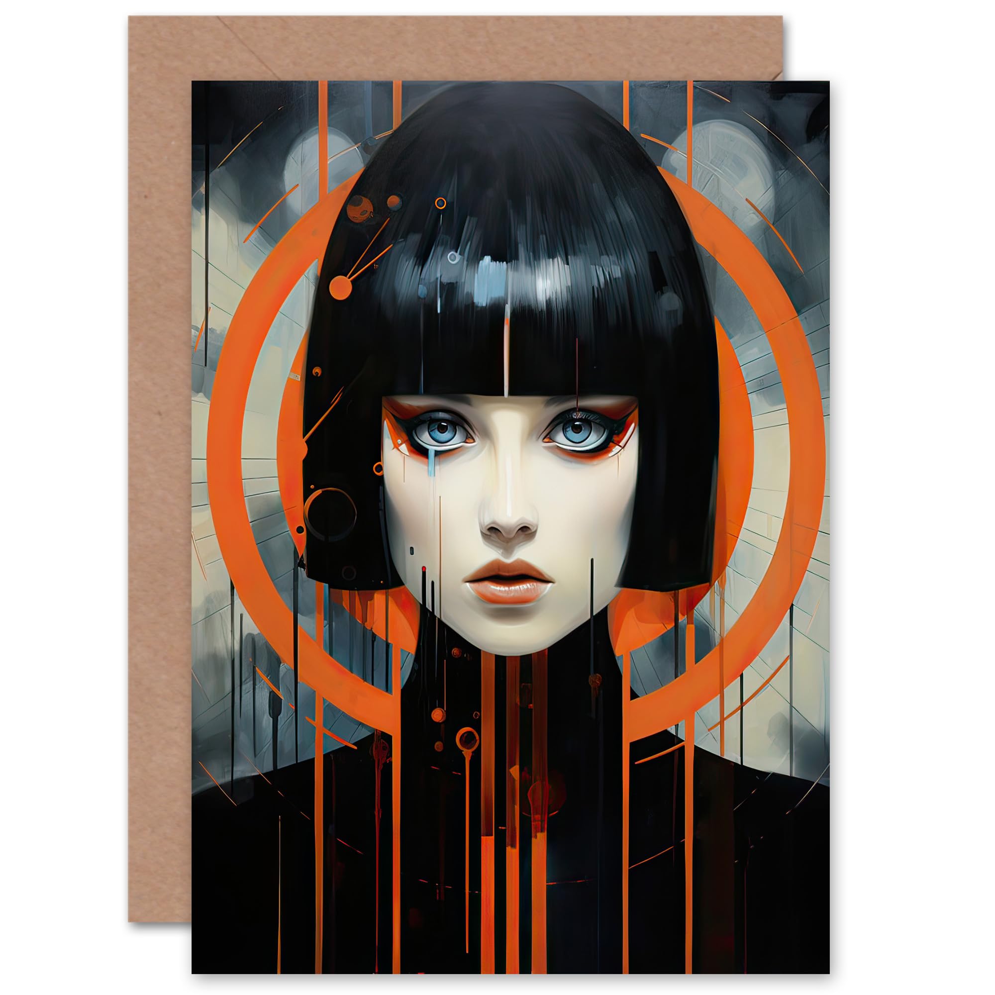 Artery8 Art Deco Future Woman Black Portrait Goth Gothic for Him or Her Man Woman Birthday Thank You Congratulations Blank Art Greeting Card