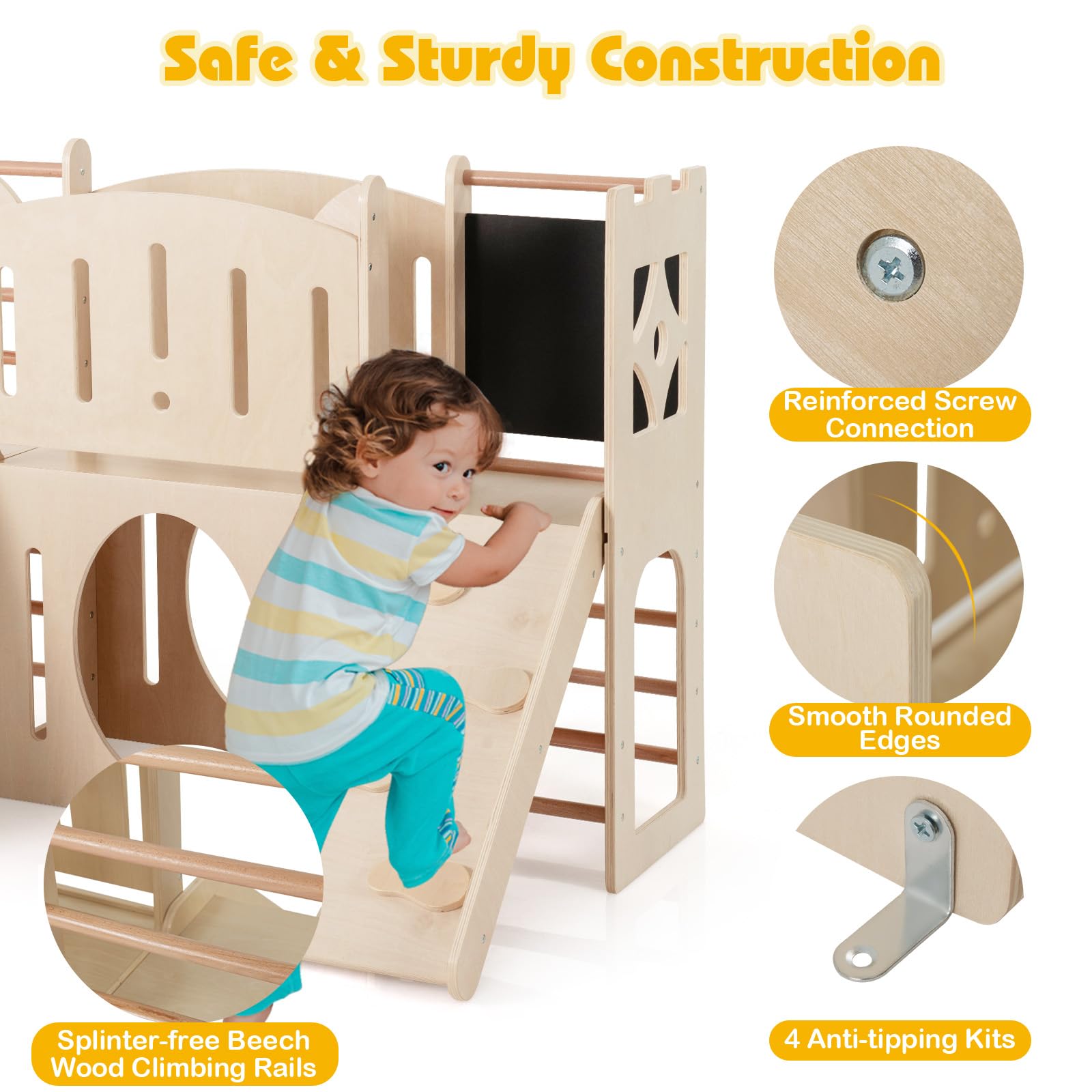 HOMASIS 8 in 1 Klettergerüst Indoor, Holz Kinderrutsche mit Tafel Kletterleiter Tunnel Stauraum, Spielplatz im Burgform, Babyrutsche Rutschenset für Kinder ab 3 Jahren,142x124,5x100cm (Naturfarbe)