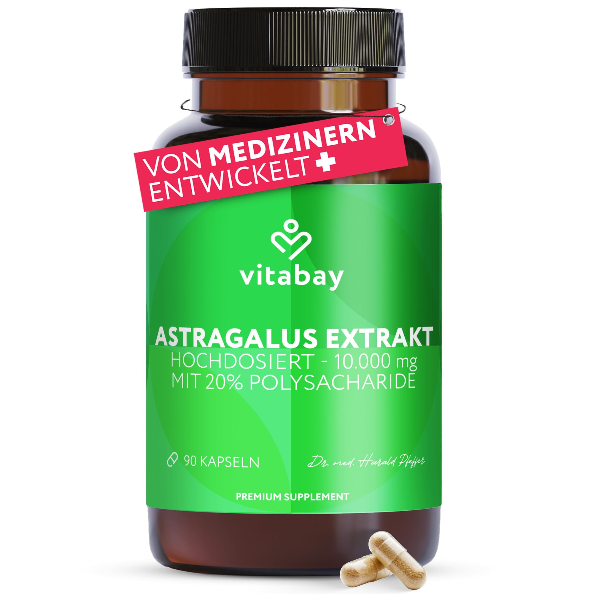 Vitabay Astragalus Kapseln Hochdosiert 10.000mg - 90 Vegane Kapseln Astragalus Extrakt aus der Wurzel - Tragantwurzel Membranaceus mit 20% Polysaccharide - Laborgeprüft
