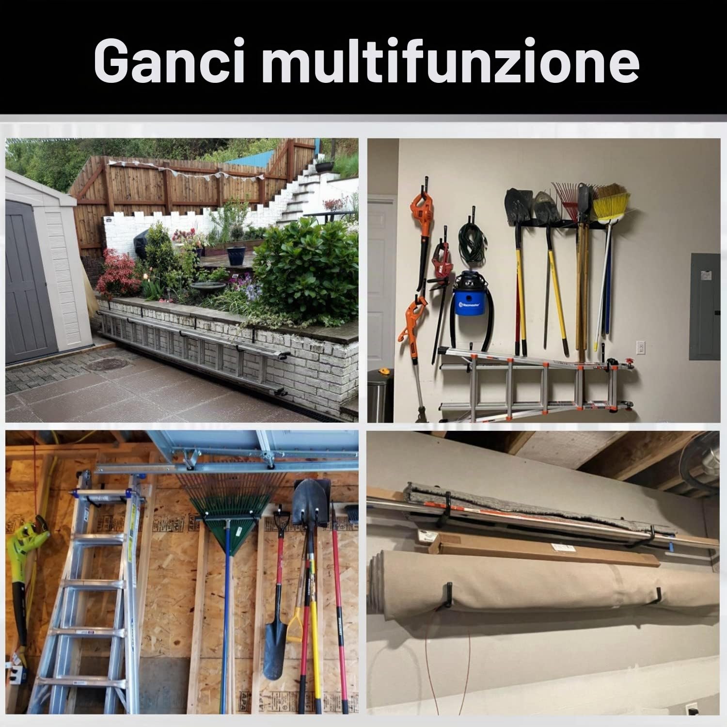 8 ganci per scale, 25 cm, per garage, organizer da parete, resistente, per utensili, pieghevole, per sedie, biciclette, sci, attrezzi