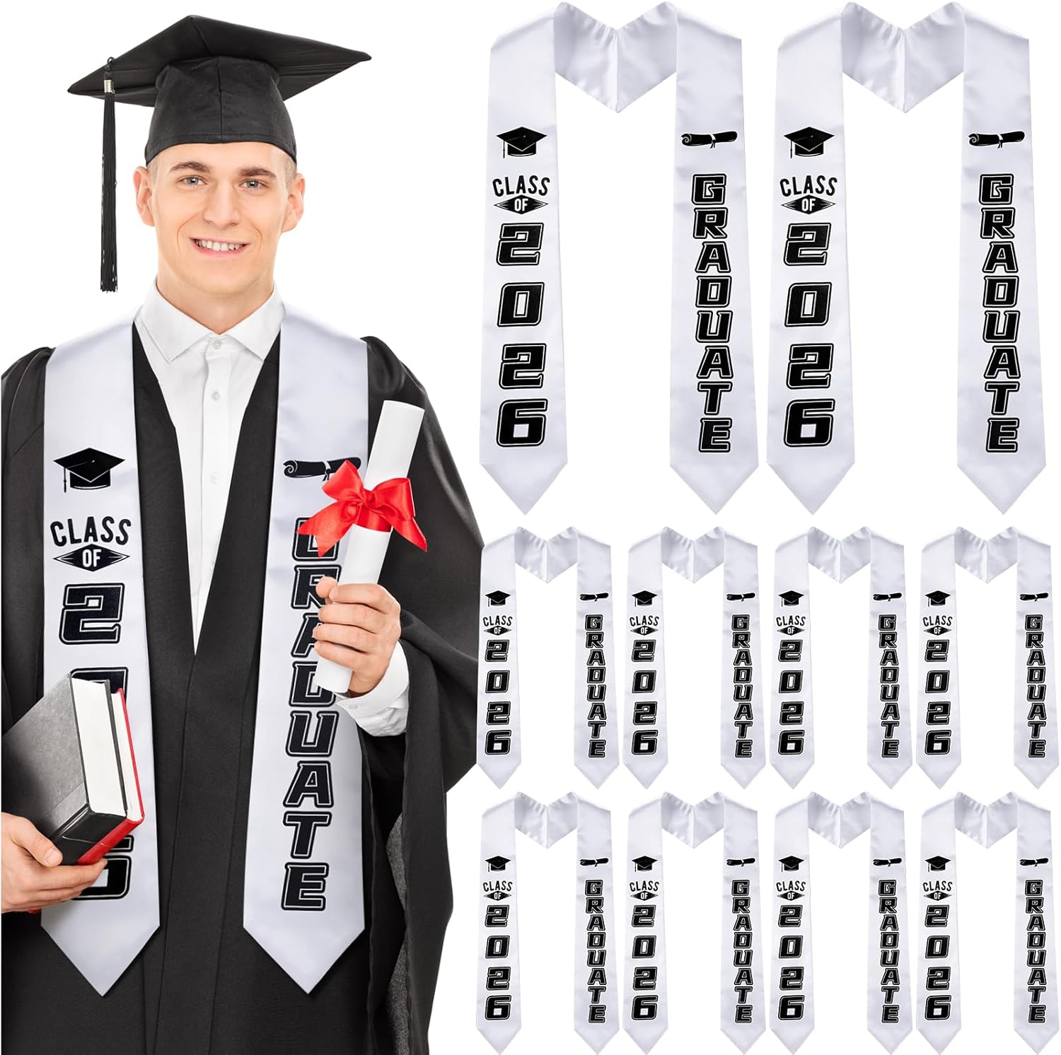 Haull 8 Pcs Graduation Stole Class of 2026 Sash White Lei for Graduation Gown Honor Stole Academic Commencements 72 Inch