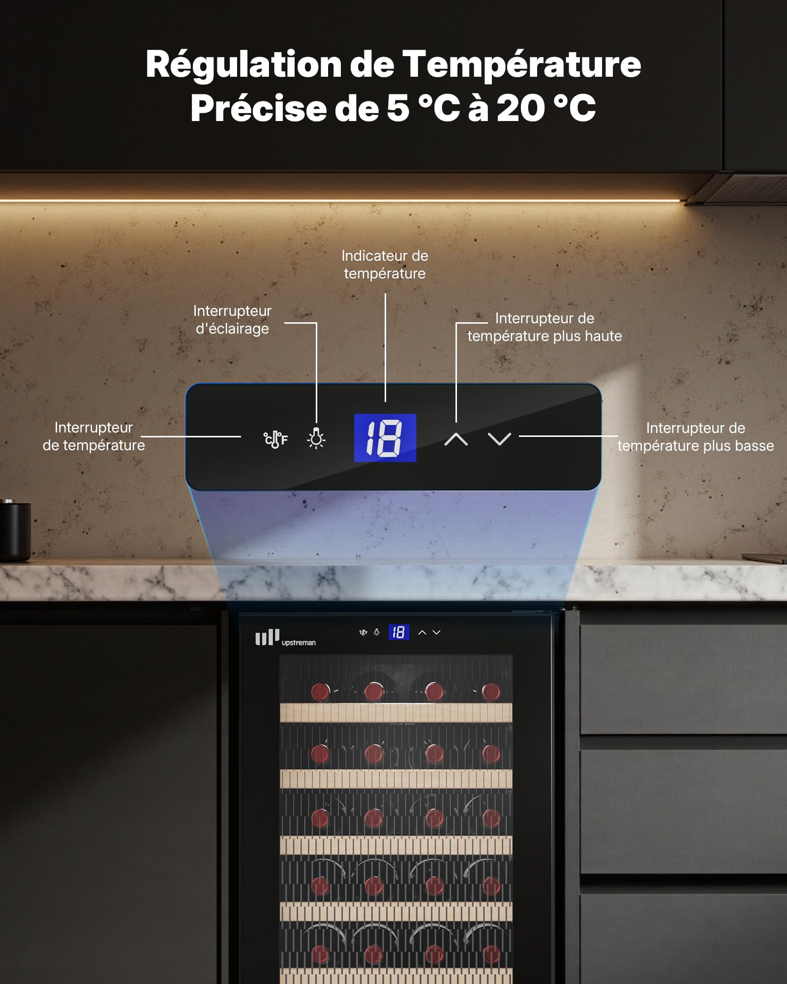 Upstreman W24 Cave à Vin 24 Bouteilles Encastrable Sous Plan Double Vitrage Écran Tactile Éclairage LED 5 Étagères Noir