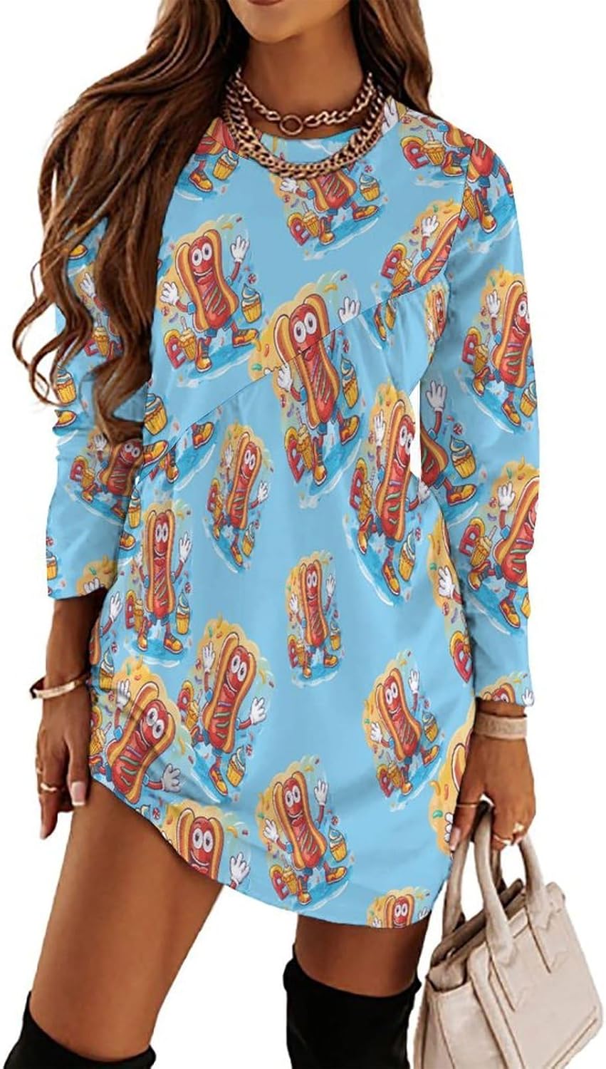 Hot Dog Women's Fleece Sleeve Sweatshirt Dress Long Pullover Casual Dresses