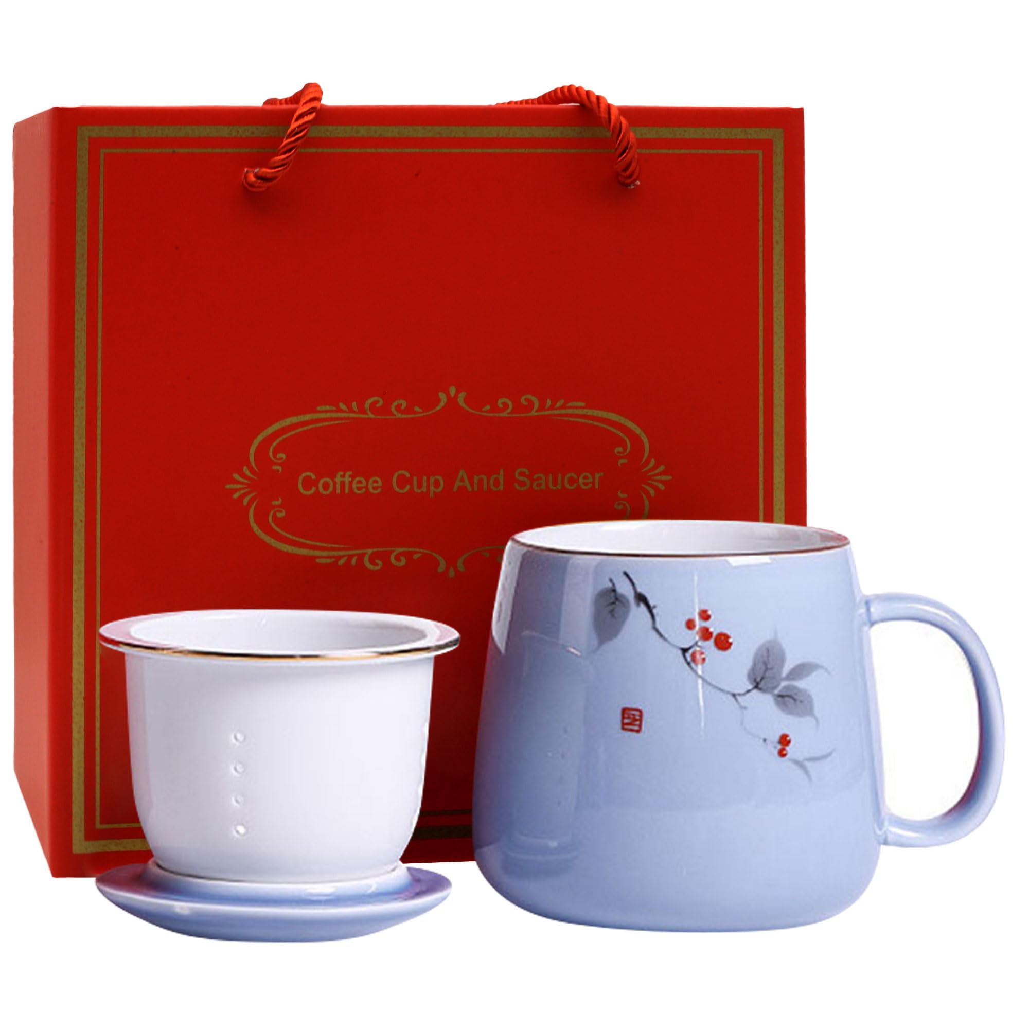 Taza de té de cerámica con infusor y tapa de cerámica. Taza de té de porcelana premium de 18 oz con estuche para té de hojas sueltas, infusiones de hierbas, té de flores y café (azul oscuro).