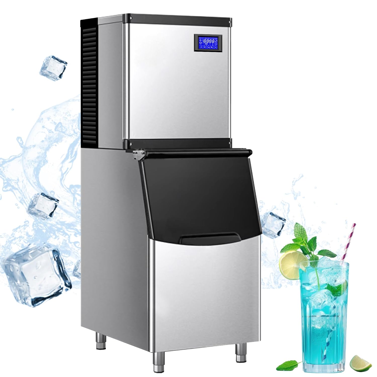 Commercial Ice Machine 1000 Lbs/24H, Industrial Ice Maker Machine with 640 Lbs Ice Storage, Vertical Ice Maker Machine, Air Cooled Stainless Steel Ice Cube Maker for Commercial and Home Use