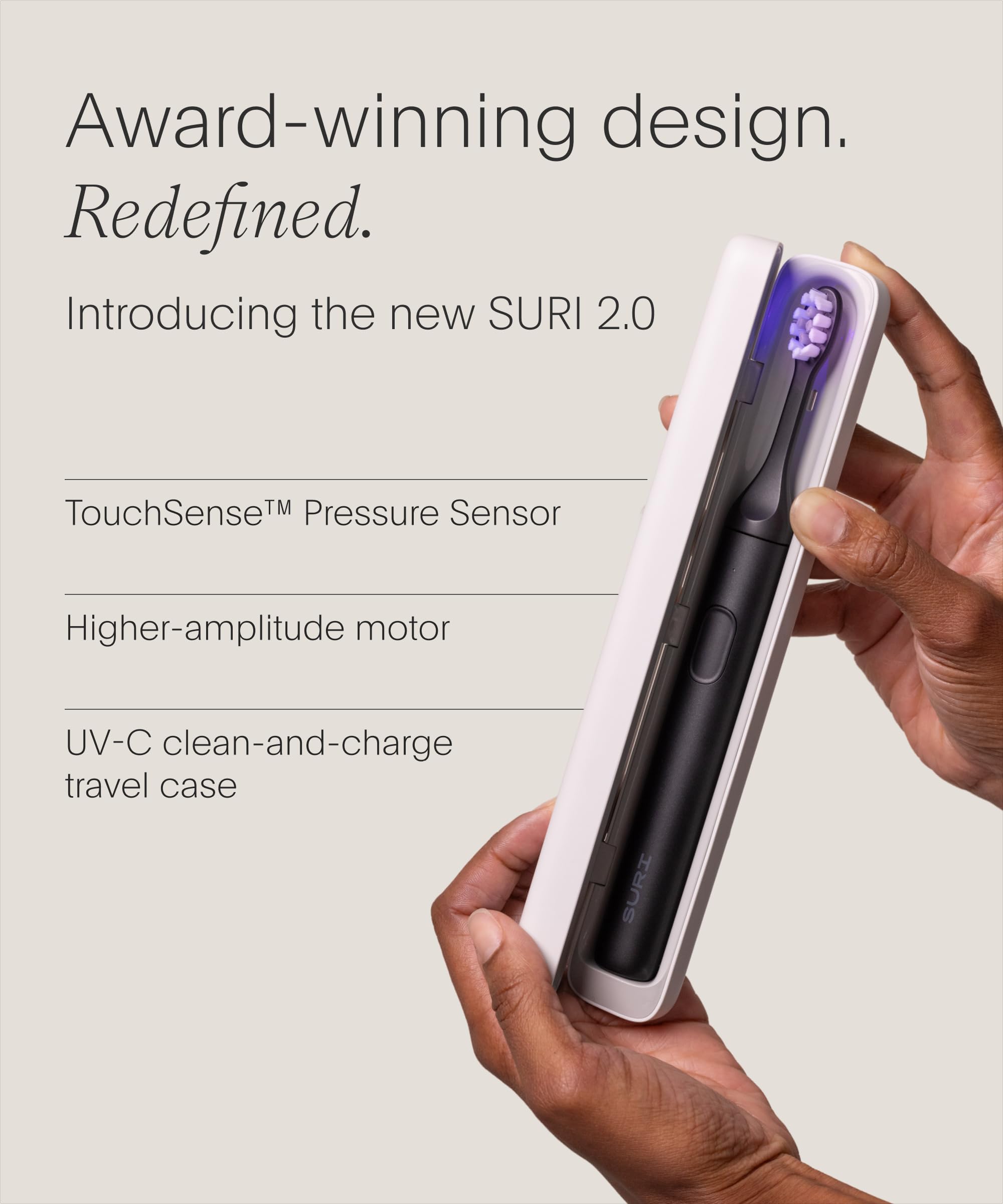SURI 2.0 Nuevo cepillo de dientes eléctrico sónico con sensor de presión y estuche de viaje de limpieza UV | 1 mes + batería | Cepillo de dientes eléctrico para adultos | Cepillos de dientes de viaje