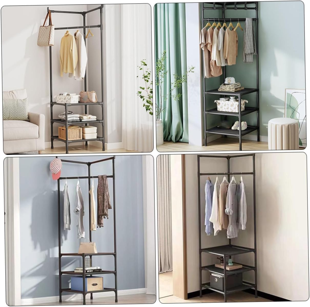Corner Clothes Rack Metal Garment Stand Coat Rack for Scarves Hats Clothes Bedroom Hallway Storage Organizer Black