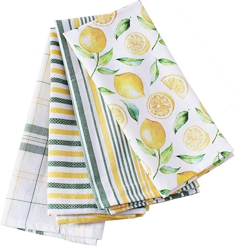 ACCENTHOME Juego de toallas de cocina de algodón estampado amarillo limón, ropa de cocina absorbente multiusos, 4 toallas de mano para secar platos,