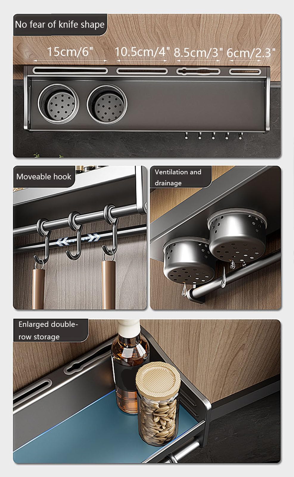 70cm,Especiero Pared Especiero Colgante Sin Taladro con Ganchos Extraíbles y Soporte, ​Estantería de Especiero de Acero Inoxidable, Especieros para Cocina, Especiero Organizador Cocina