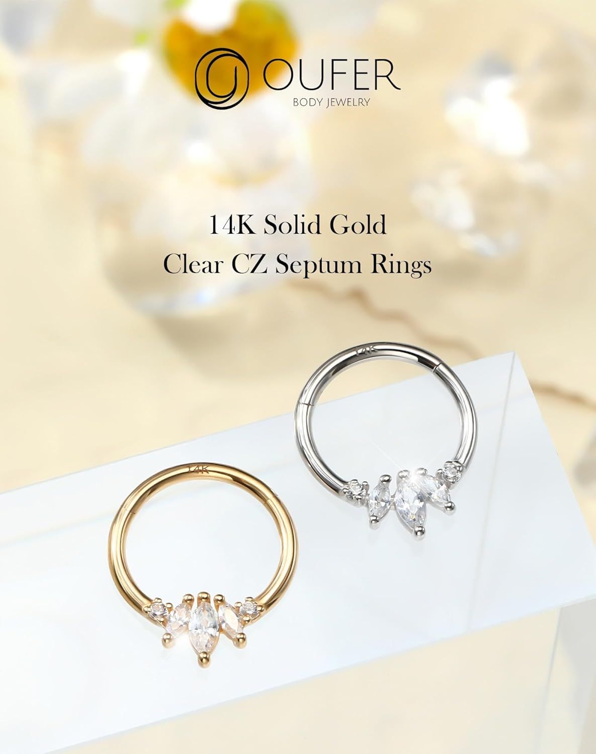 OUFER Septum Rings 16G, 14K Solid Gold Septum Ring, Clear Horse Eye Zircon Septum Jewelry, Hinged Segment Daith Piercing Jewelry, 10mm Daith Earrings For Women Men - Image 3