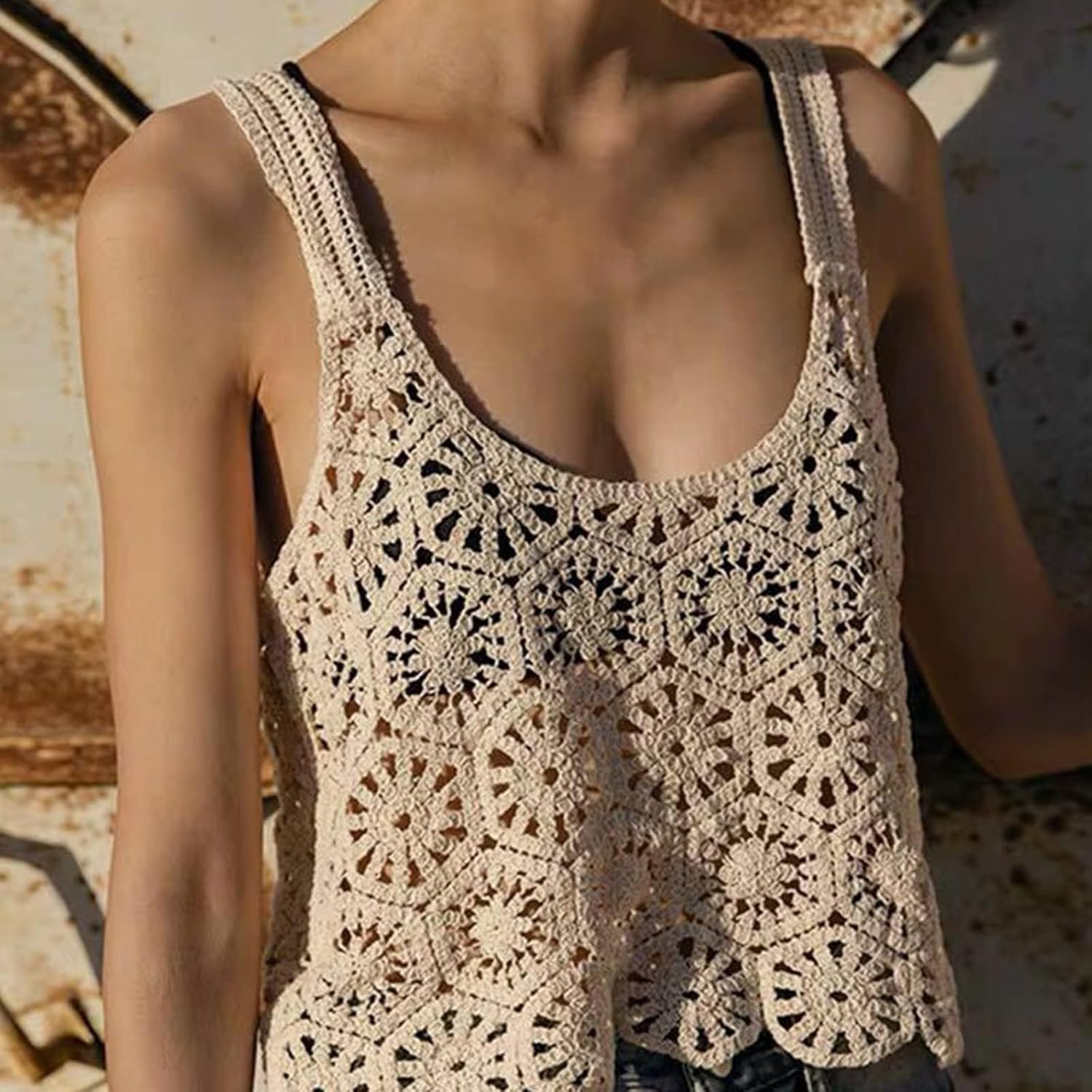 (One Size/Suitable for Height 155-160)、Women Crochet Cropped Tank Tops, Boho Hollow Out Floral Pattern Camisole Sleeveless Cover Up Vest Shirts Apricot - Image 2
