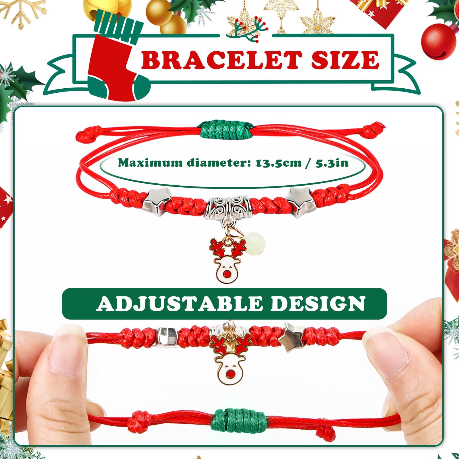 Bracelets De Noël Lot De 12 - Réglables, Perles Rouges Et Vertes, Cadeaux Amitié/famille