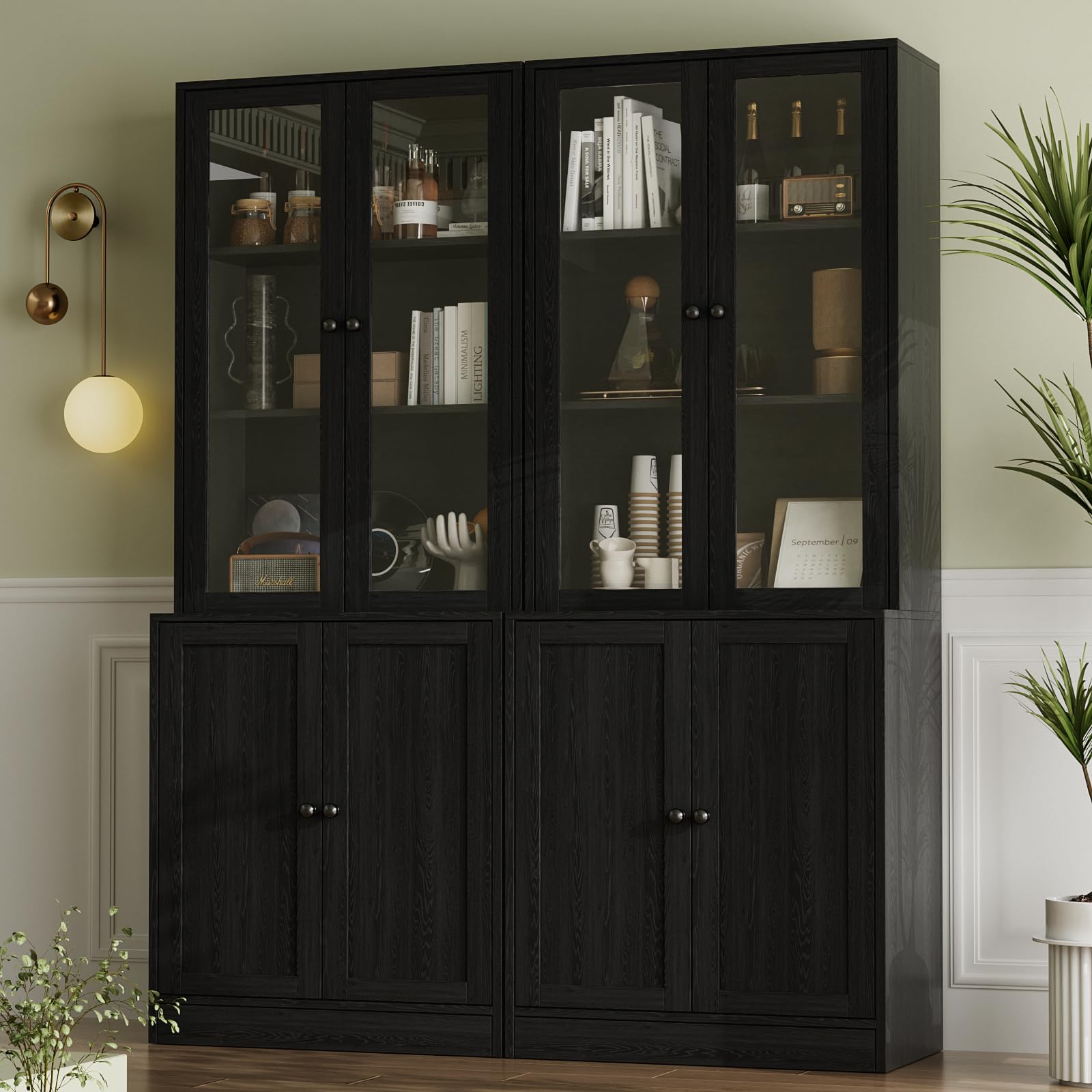 VOWNER Grand Meuble TV Bibliothèque pour Télé jusqu'à 70", 280x180.3x40cm Meuble TV Suspendu avec Portes en Verre et Étagères, Meuble Télé Bois pour Salon, 2B+2E (Noir)