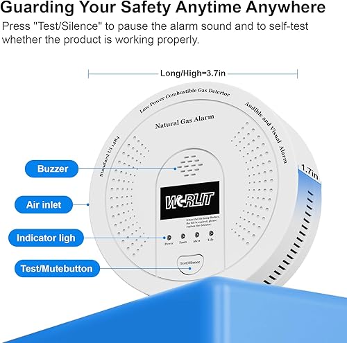Miniatura 6 de Detector de gas natural a prueba de explosiones, alerta de fugas de gas CH4propano ultra sensible con sirena de 85 dB y luz estroboscópica, batería