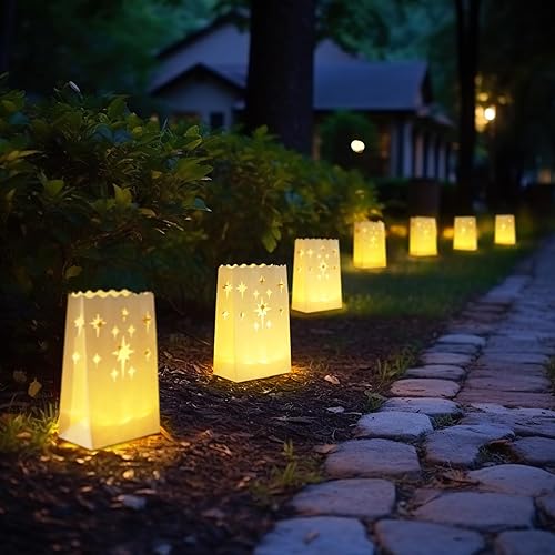 Miniatura 4 de Homemory Bolsas luminarias con velas sin llama, 24 velas de té LED con 12 bolsas, velas sin llama con luces blancas cálidas, pequeñas velas de té