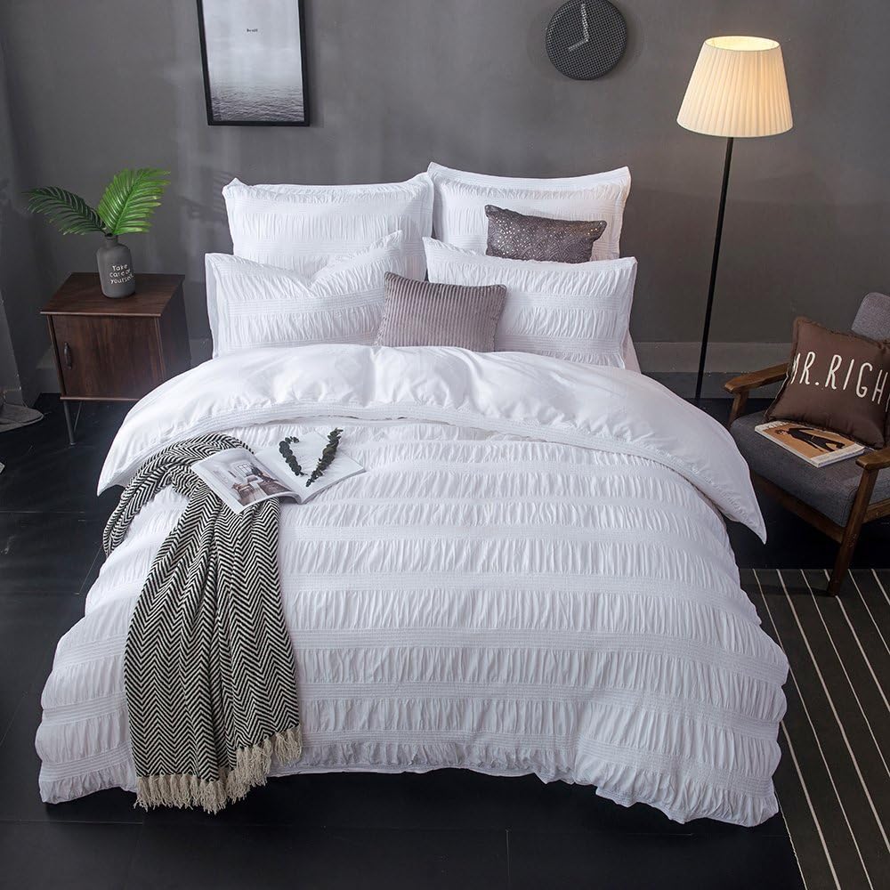 LAUSONHOUSE Seersucker Duvet Cover Set, 100% Cotton Seersucker Woven Stripe Duvet Cover Set,3 Pieces Bedding Set- Queen - White