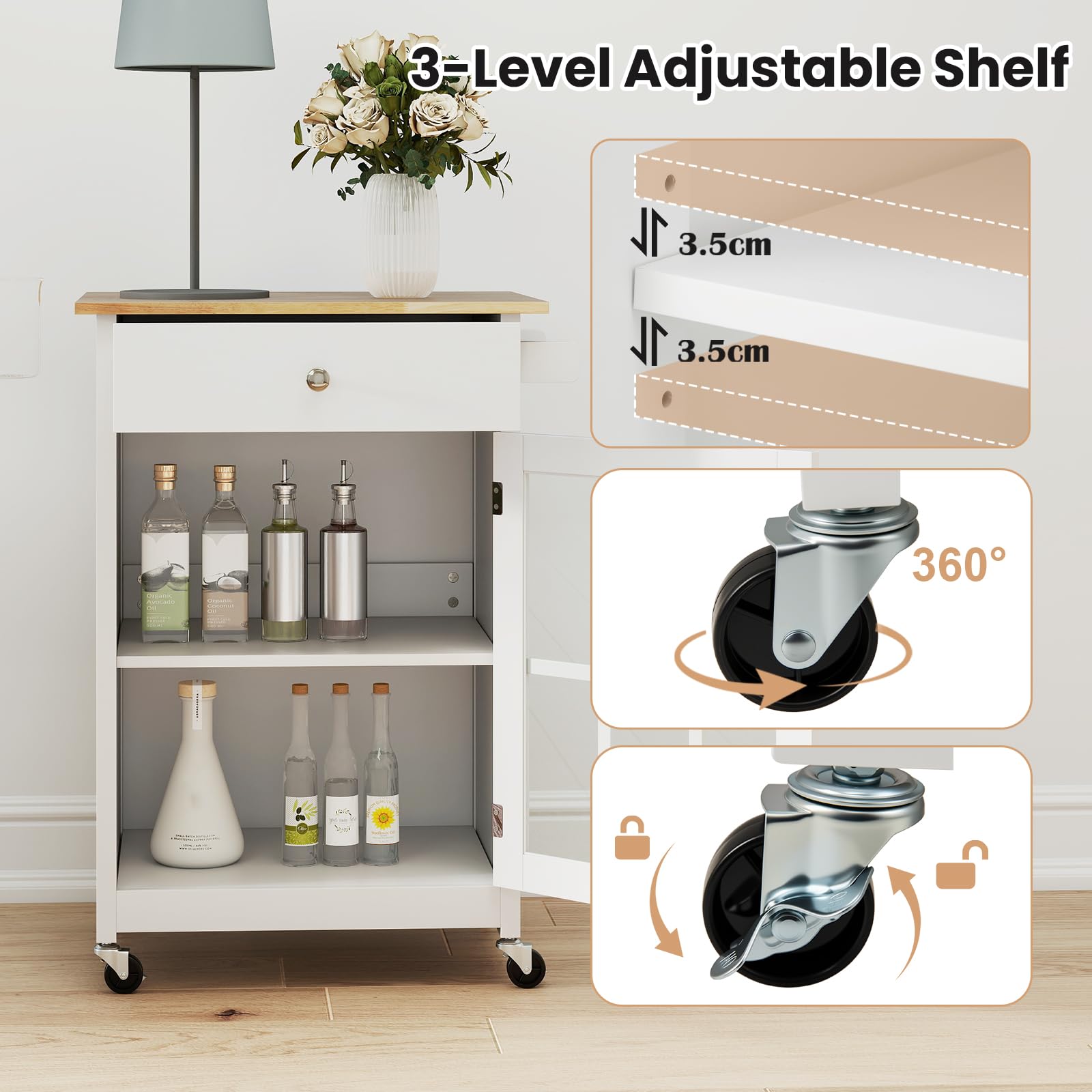 KOMFOTTEU Carrello da cucina con ruote, carrello di servizio con cassetto, porta in vetro temperato, portasciugamani in legno di gomma, tavolo da bar mobile con ripiano regolabile per soggiorno