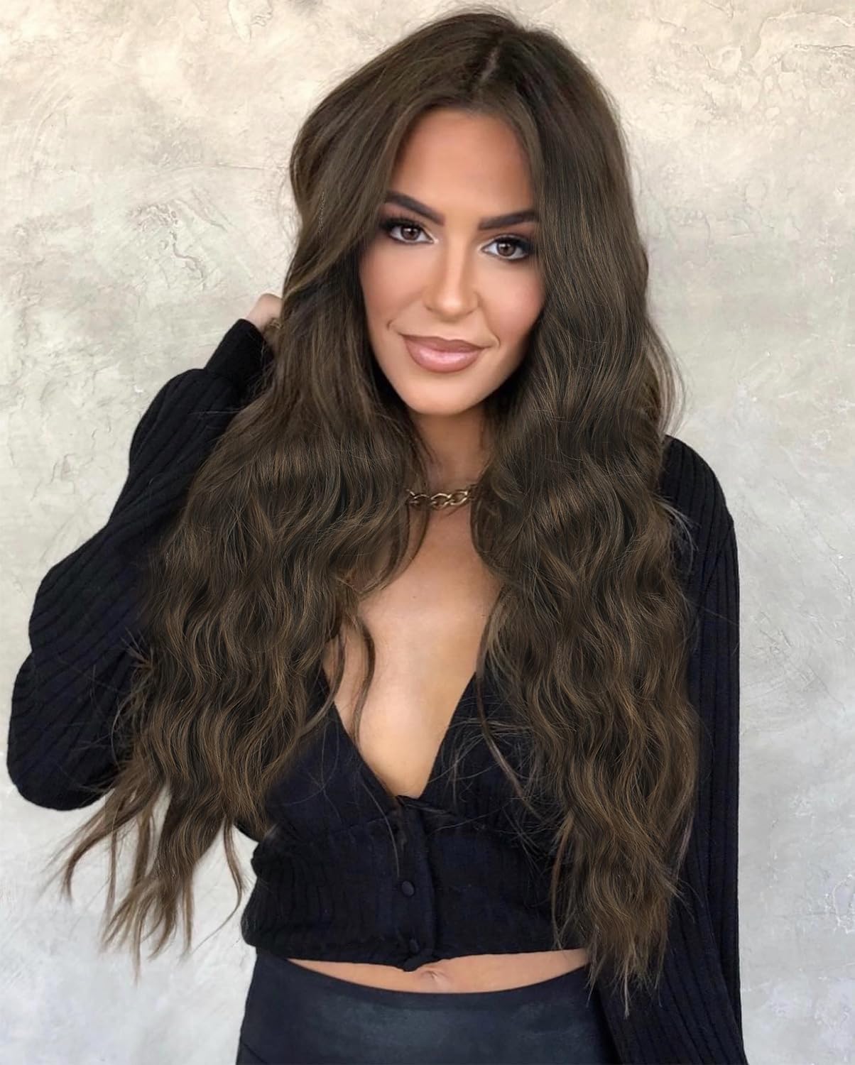 AISI HAIRLong Curly Wavy Dark Walnut Brown Wigs for Women Middle Part Natural Looking Heat Resistant Fiber Synthetic Wigs for Daily Use