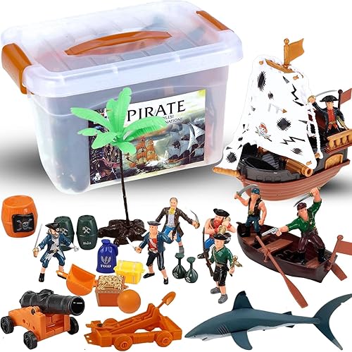 Cubeta de set de juego de figuras de acción de piratas con barco cofre del tesoro Cañones tiburón barco pirata y más
