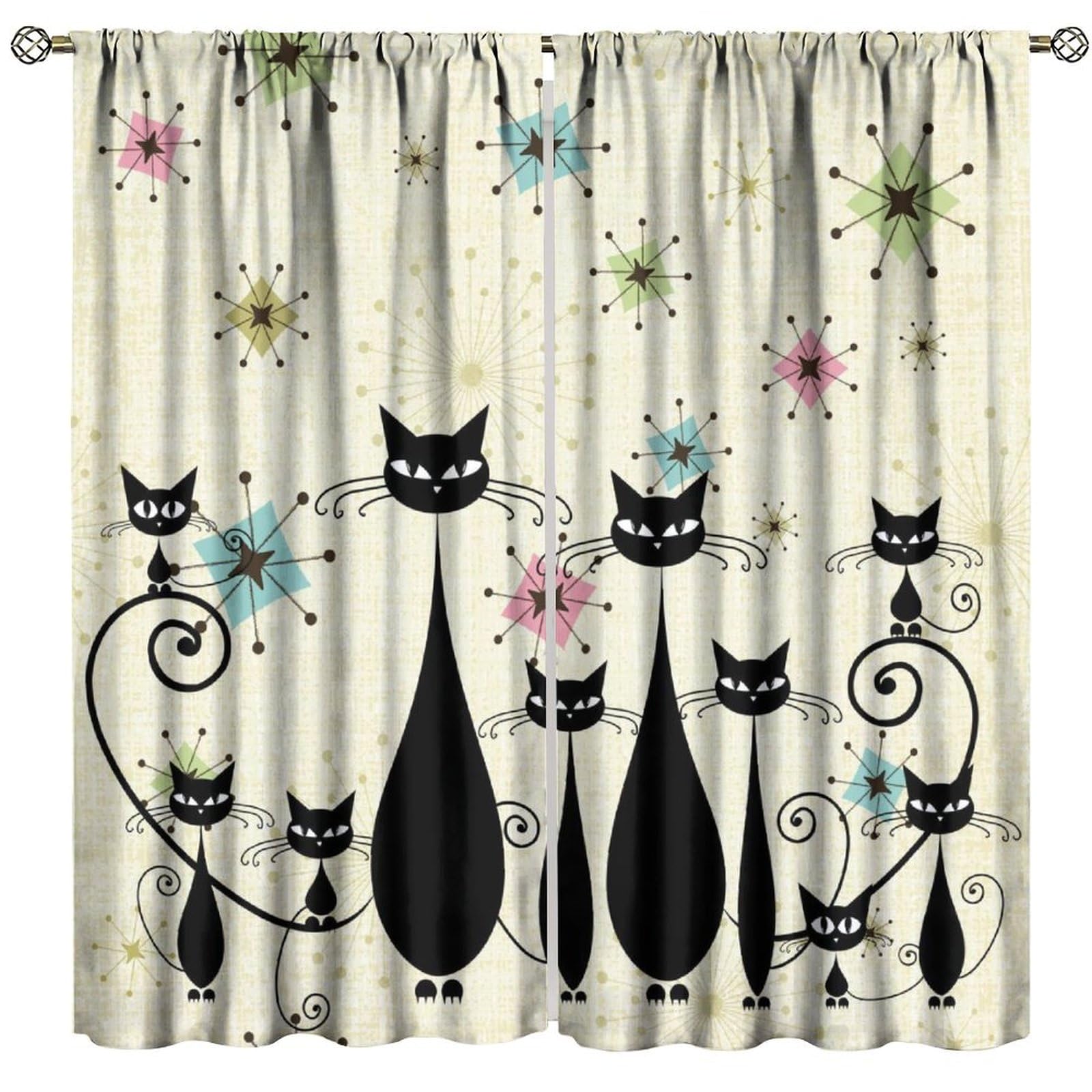 Mid Century Modern Curtain, Atomic Cat Retro Abstract Geometry 50s Bedroom Living Room Blackout Window Treatment Drapes 2 Panel Set Total Size 42" W X 45" L Inch