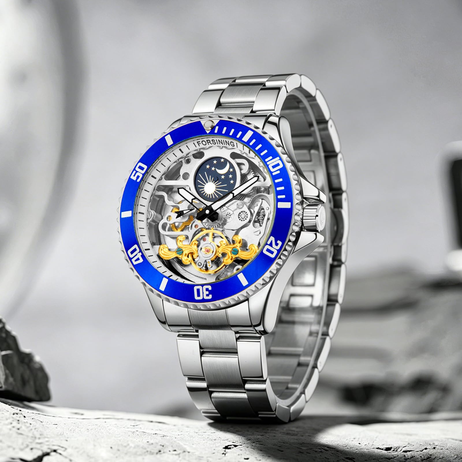 Luksusowy męski automatyczny mechaniczny zegarek z fazą księżyca Tourbillon