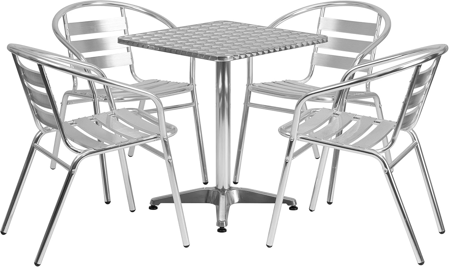 BOWERY HILL 5 Piece Stainless Steel Square Patio Bistro Set, Aluminum Silver Finish, Lightweight Durable Furniture, Indoor/Outdoor Use, Includes Table and 4 Stackable Chairs for Home or Commercial