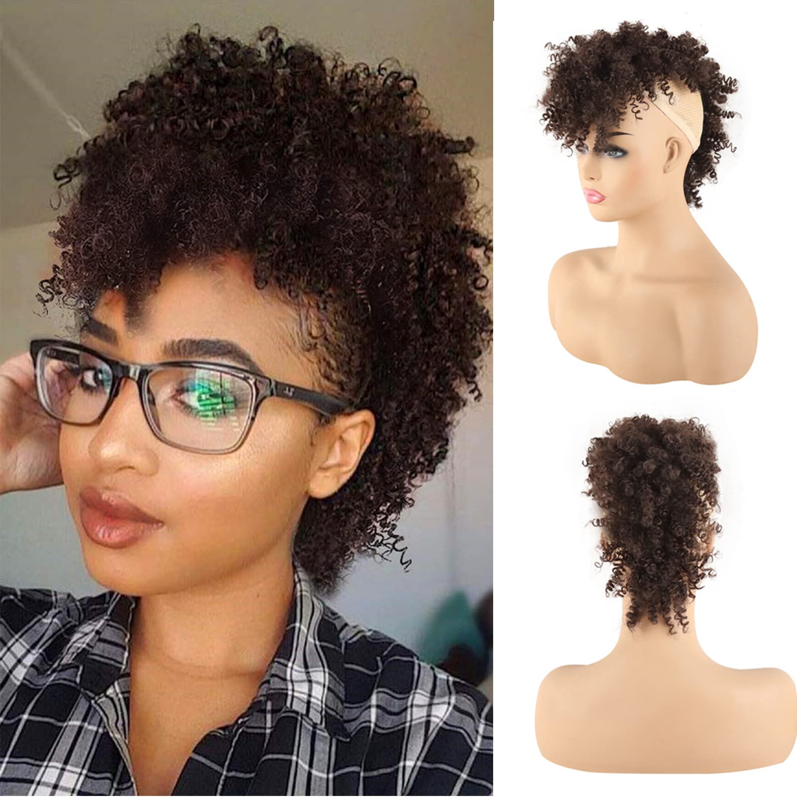CINHOO Jerry Curls Mohawk High Puff Hair Bun Ponytail Drawstring With Bangs Synthetic Fauxhawks Afro High Puff Kinkys Curly Pony Tail Clip in on Wrap