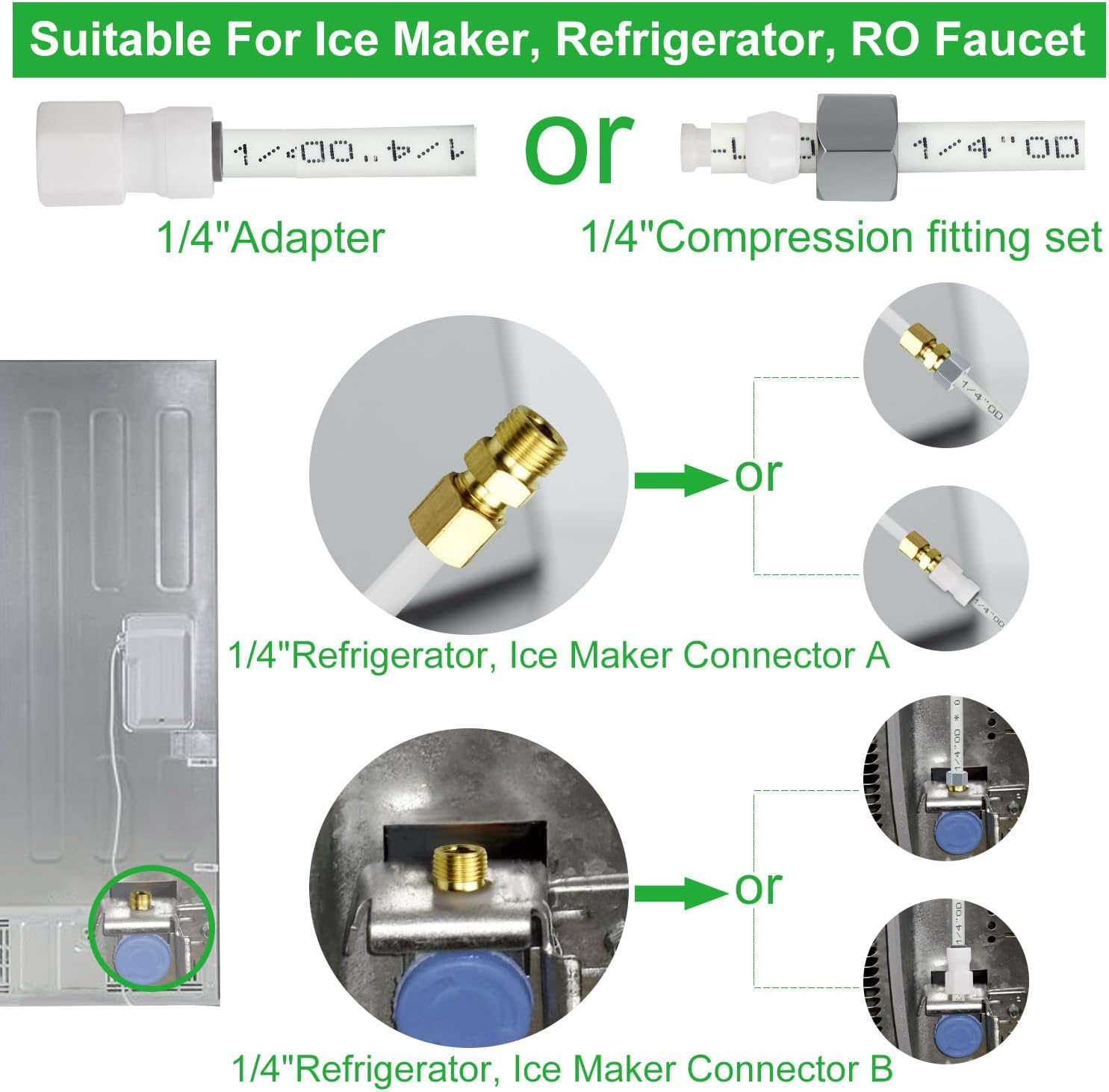Refrigerator Water Line Kit Connection and 1/4 Compression Ice Maker Installation Kit,1/4" OD Tubing with Quick Connect for Fridge IceMaker RO Systems Water Filters Faucet,+Feed Water Adapter 25ft