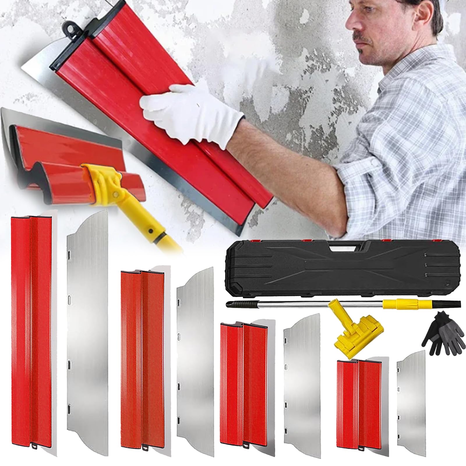 Espátula Superficie, 11PCS Juego Espátula 0,5mm 80cm/60cm/40cm/25cm Herramienta Espátula Hoja Acero Inoxidable Juego Espátula Para Decoración Paredes áreas Trabajo Grandes Con Varilla Telescópica