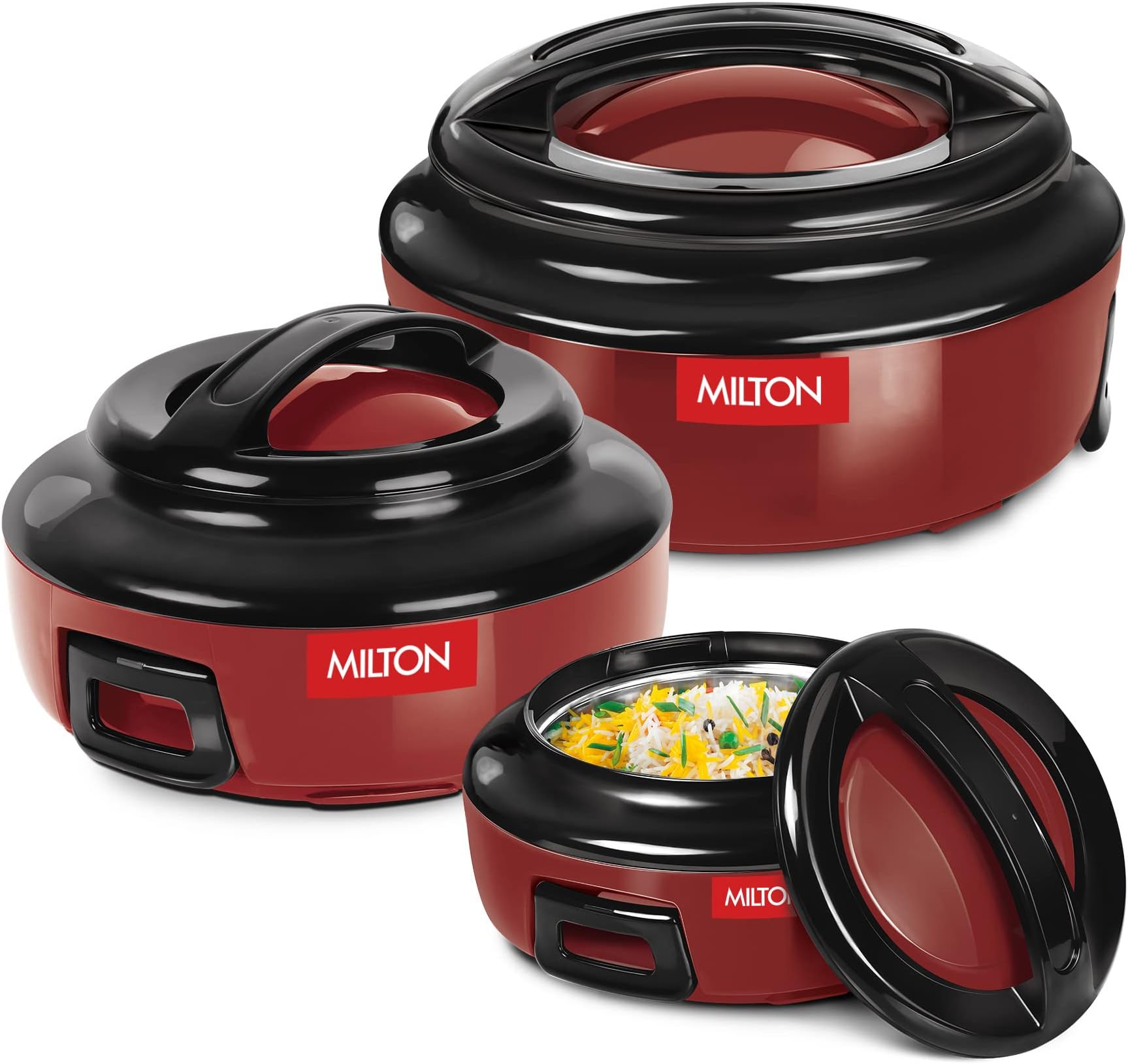Milton Ernesto Inner Stainless Steel Jr. Casserole Set of 3 (390ml, 720 ml, 1320 ml), Red | Easy to Carry | Serving | Stackable