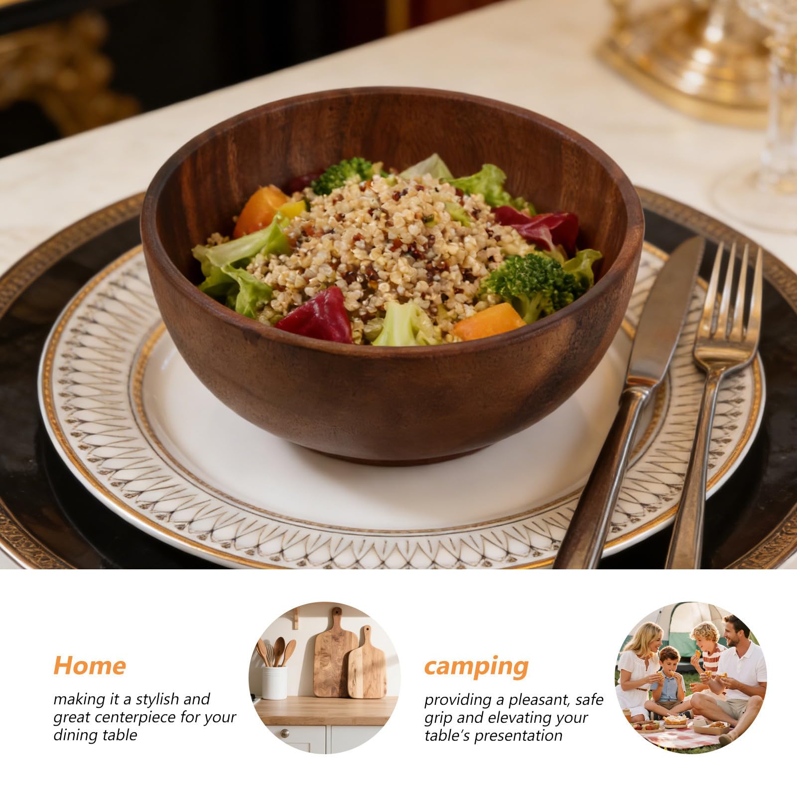 Juego de Cuencos para Servir Ensalada de Madera de 2, 5 L | Redondo Marrón, Incluye Tenedor y Cuchara, Acabado Rústico, 85 Oz para Reuniones y Fiestas