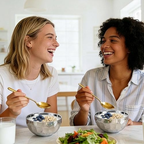 Miniatura 7 de Okllen Paquete de 6 cuencos de acero inoxidable 188 para aperitivos y sopas, juego aislado antideslizante de doble pared de 15 onzas