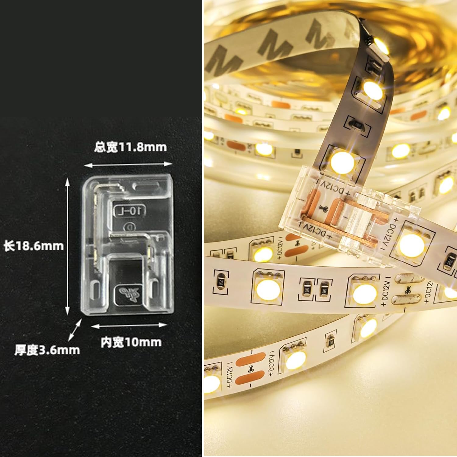 20 connettori a forma di L a 2 pin da 10 mm per strisce luminose LED COB, senza saldature, trasparenti, per strisce di luci SMD COB 5050 ad alta densità (10 mm)