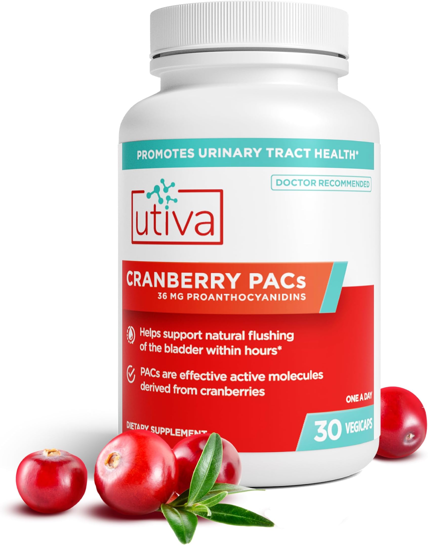 Utiva Cranberry PACs, Inc. - 30 Vegi Caps – 36 mg Soluble PACs DMAC/A2; Promoting a Healthy Urinary Tract; Non-GMO, Vegan, Gluten-Free, Bladder Health.