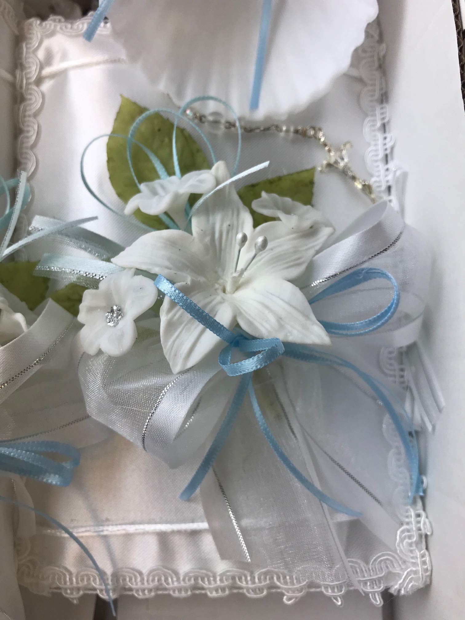 OOKi- Flower Cross Baptism Candle Set Kit for Christenings with Shell - Spanish (Blue)