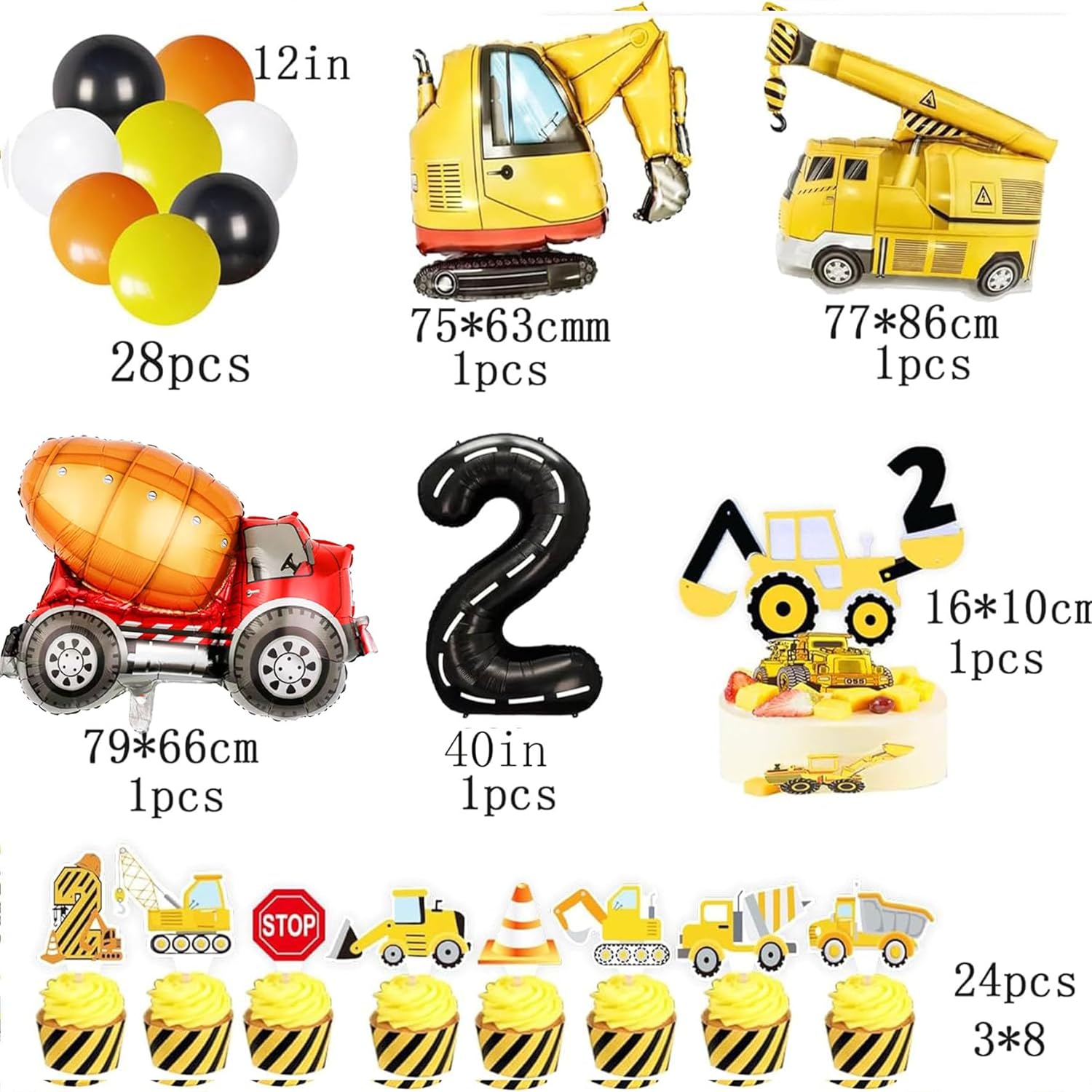 Construction Birthday Party Supplies for 2 Year Old Boy, 2nd Birthday Decorations For Boys, include- Backdrop, Cake, and Cupcake Toppers, Balloons, Cupcakes Wrappers, Banner - Image 2