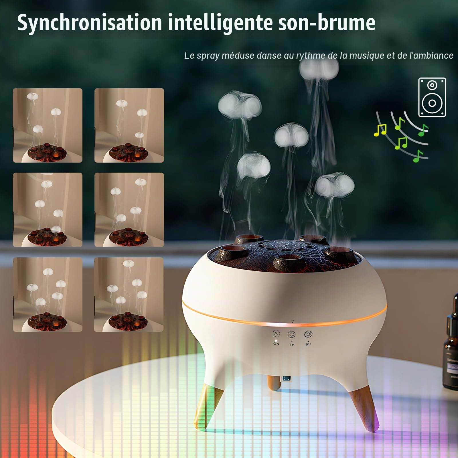 Diffuseur d'huiles essentielles, diffuseur d'aromathérapie, humidificateur ultrasonique à brume froide, synchronisation de la musique, diffuseur de gelée avec lumière 7 couleurs, télécommande