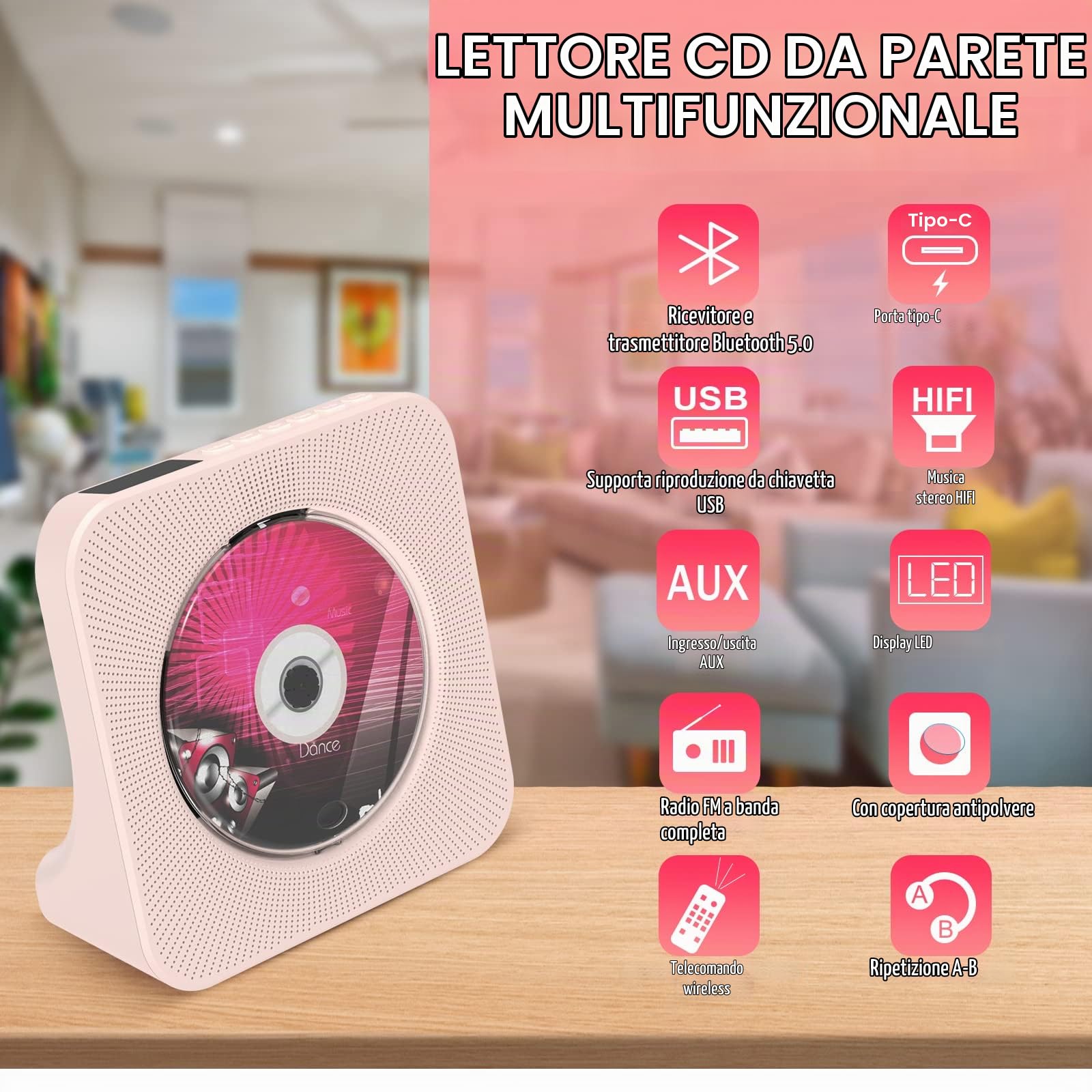 Lettore CD da tavolo con altoparlanti e Bluetooth 5.0 Rosa | Lettori CD con Telecomando Copertura antipolvere Display Radio FM Timer Riproduzione per USB e AUX