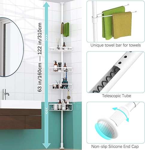 Miniatura 4 de Kadolina Estante esquinero de tensión para regadera, estantes de cesta de ducha de 4 niveles, estante de almacenamiento de ducha de altura ajustable