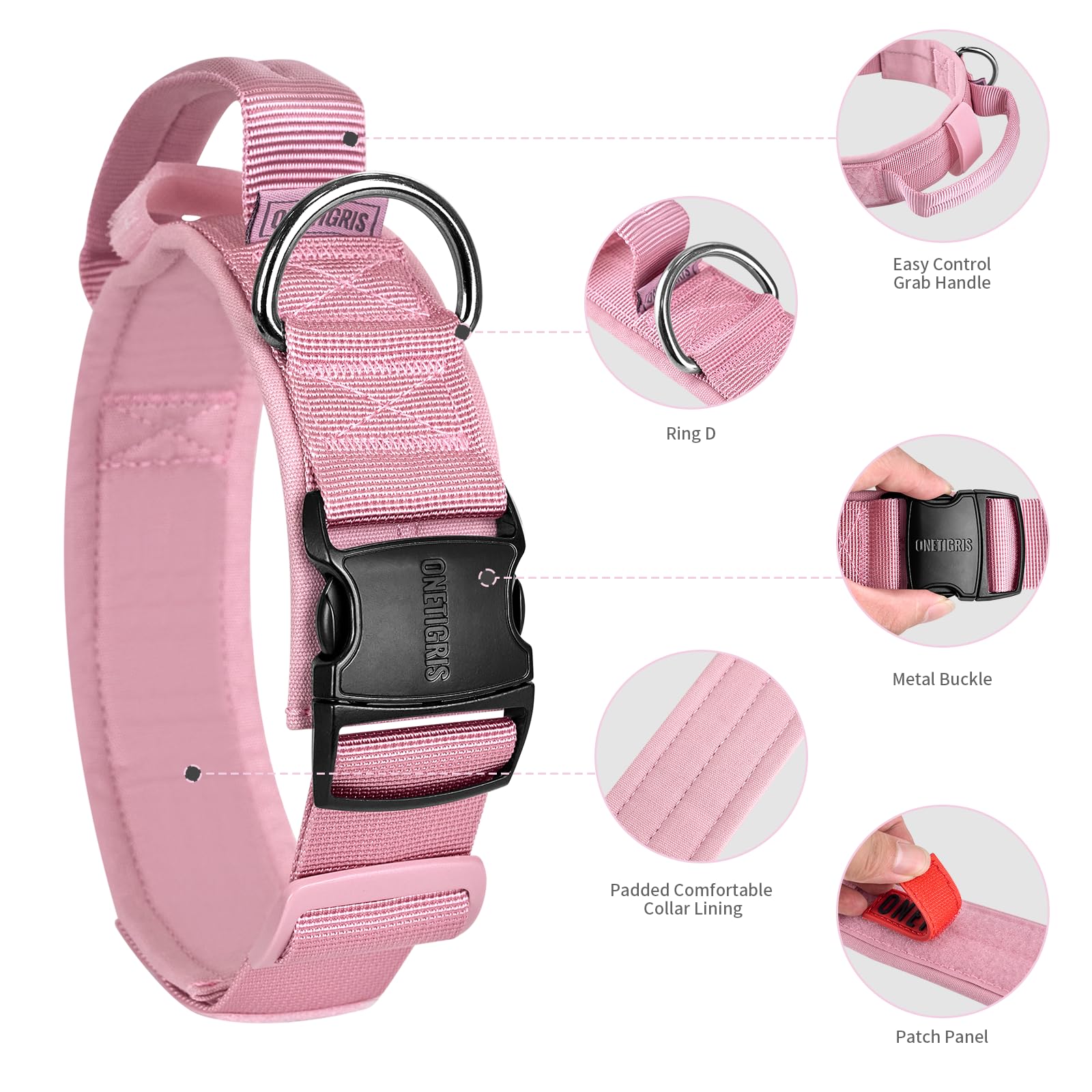 OneTigris Tactical Dog Collars with Handle,Military Dog Collar for Large Dog,Adjustable Nylon Collar German shepherd Collar with Heavy Duty Metal Buckle for Dog Training and Walking (Pink - Image 3