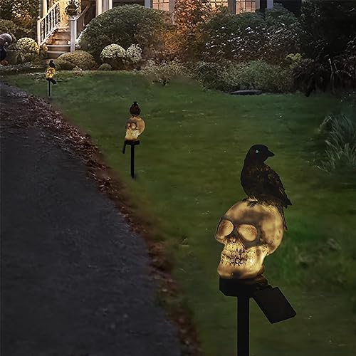 Miniatura 7 de Luces solares aterradoras de calavera y cuervo con ojos que brillan en la oscuridad, espeluznantes decoraciones de Halloween al aire libre, juego de