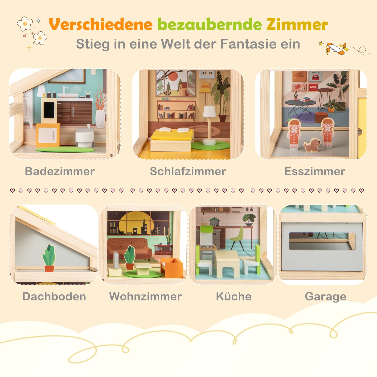GOPLUS Drewniany domek dla lalek, zestaw do zabawy z 7 pokojami, 18 mebli, 2 figurki i 1 pies dla zwierząt domowych, wymarzona willa z realistycznymi meblami, 4-piętrowy domek z zabawkami dla