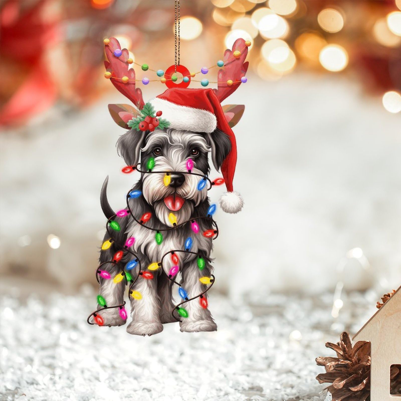 Dreamautumn Style-11 2D Acrylic Christmas Ornaments, Cute Dog Miniature Schnauzer Antlers For Christmas Tree Decoration, Funny Xmas Baubles Stocking Stuffers Pet Dog Gifts