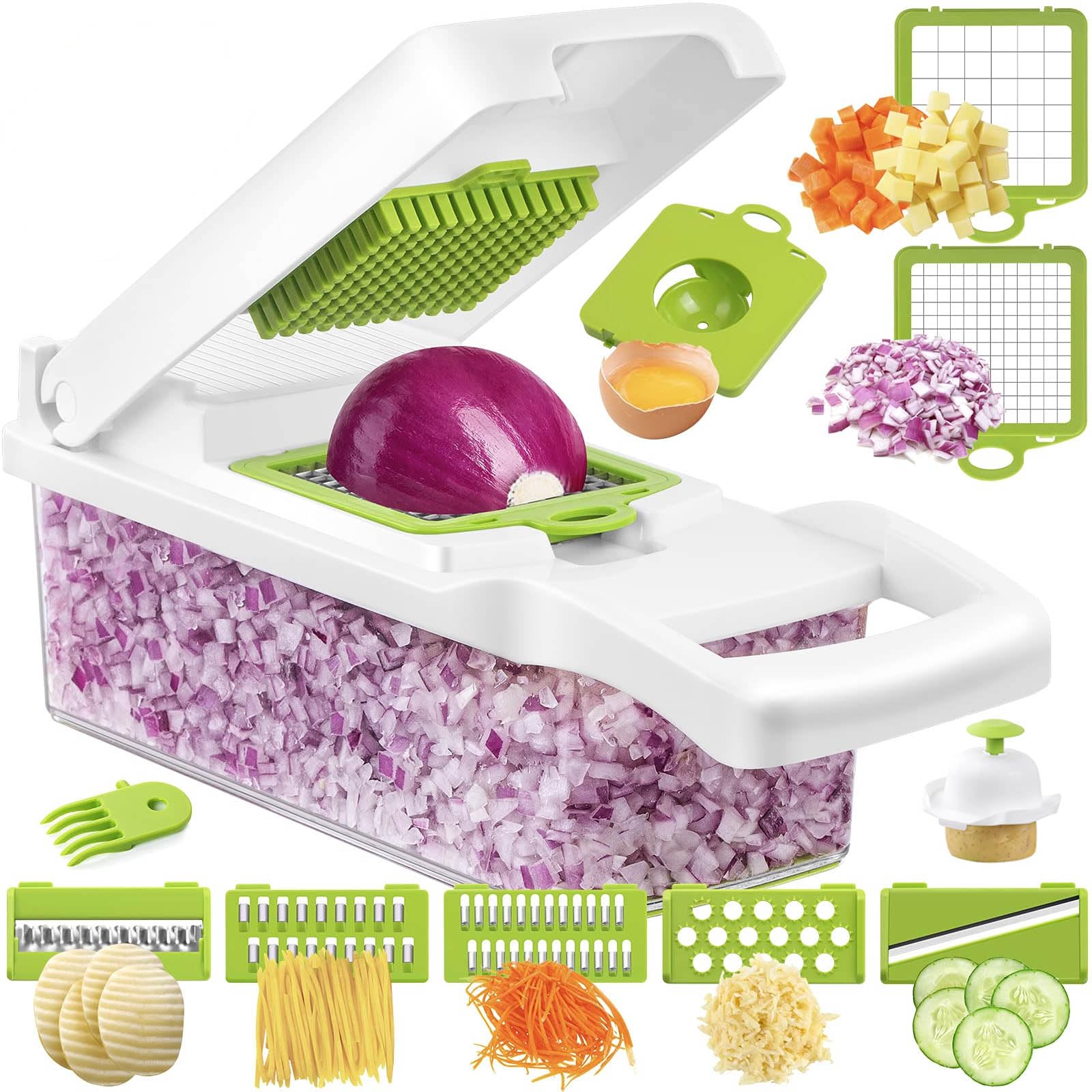 Vegetable Chopper,12-in-1 Onion Chopper Fruits Cutter Mandoline Slicer Food Chopper with 6 Stainless Steel Blades, Adjustable Slicer & Dicer with Storage Container