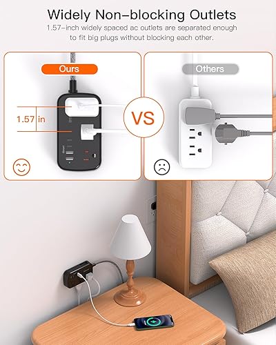 Miniatura 3 de Cable de extensión de 15 pies, cable de extensión largo, regleta de alimentación de enchufe plano con USB C, 6 salidas con 4 puertos USB (2 salidas
