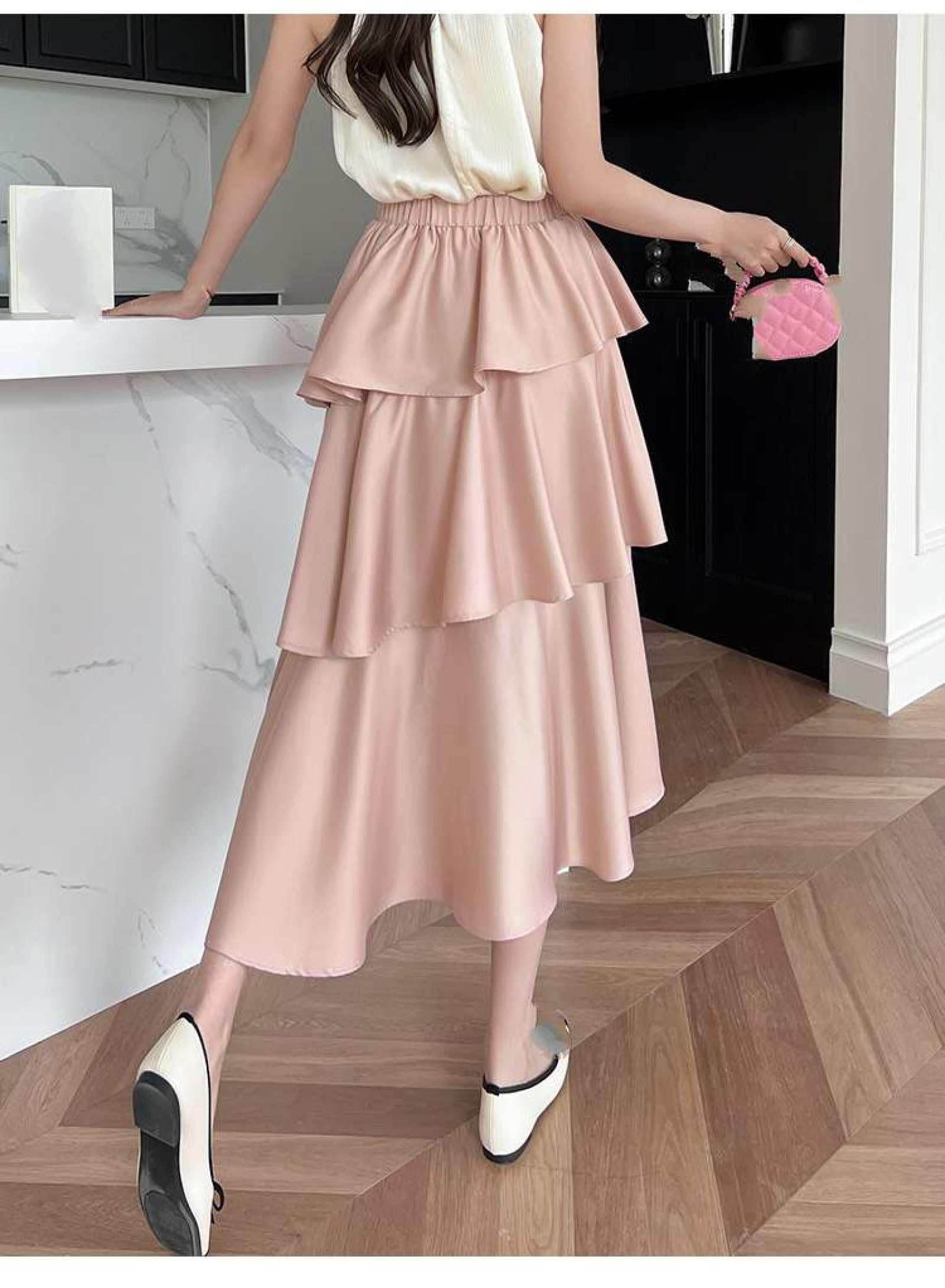 Jupe De Gâteau en Satin De Fibre De Vinaigre Taille Haute pour Femme - Été Polyvalent Couleur Unie Taille Élastique Jupe Mi-Longue Petite Jupe À Volants Irrégulier Une Ligne Jupe Longue,