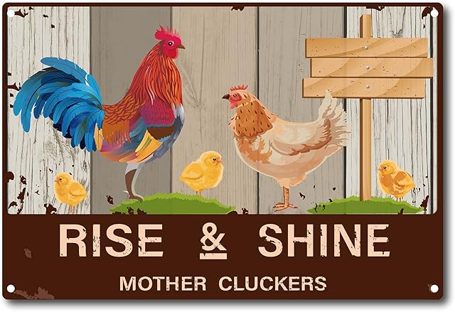 CREATCABIN Rise and Shine Mother Metal Tin Sign Cluckers Chicker Chicken Eggs Funny Hen Rooster Bathroom Quote Vintage Sign for Farm Farmhouse Home Kitchen Cafe Wall Deocr, 8 x 12 Inch